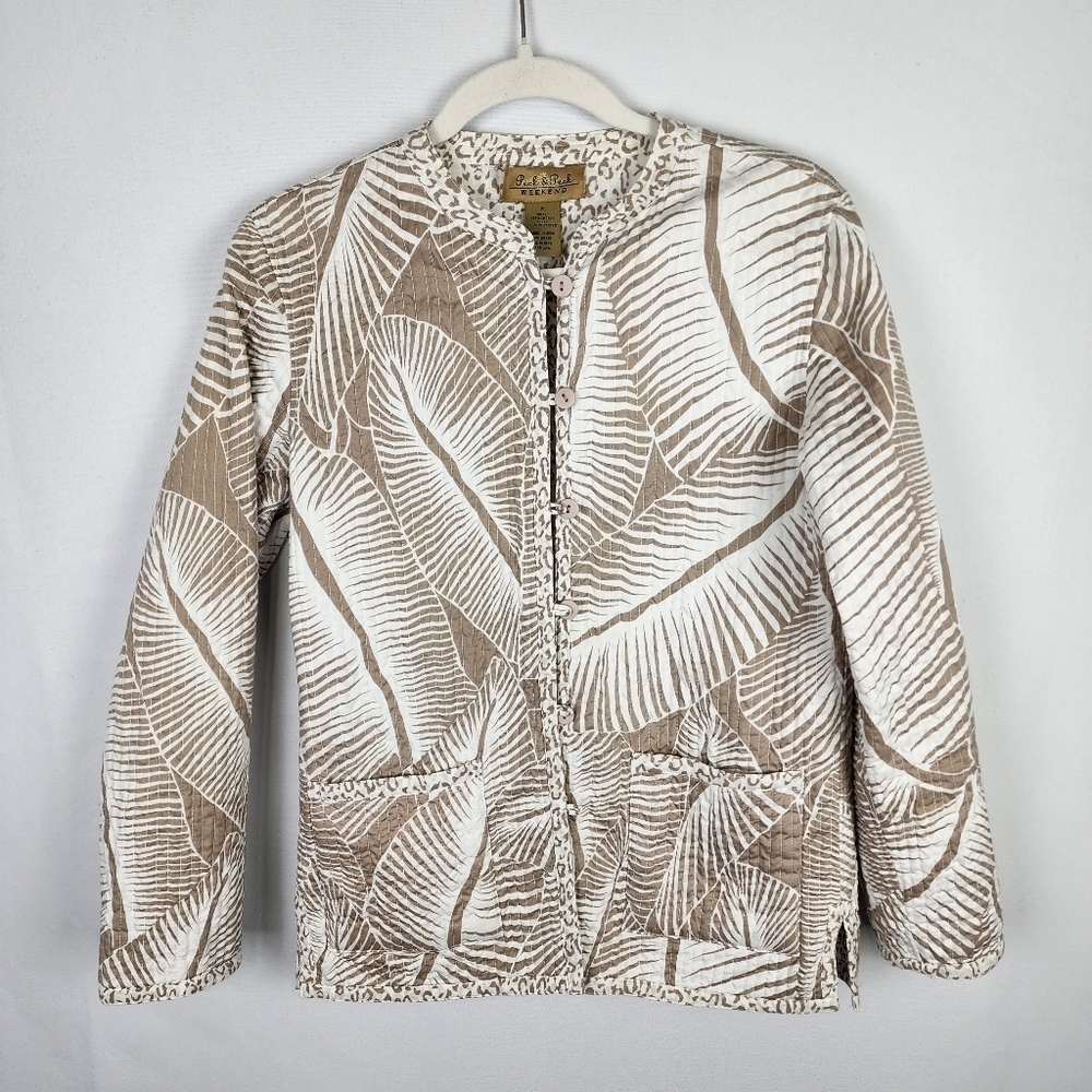 Peck & Peck Weekend Tan White Palm Leopard Quilted Jacket Womens Small RN 106589